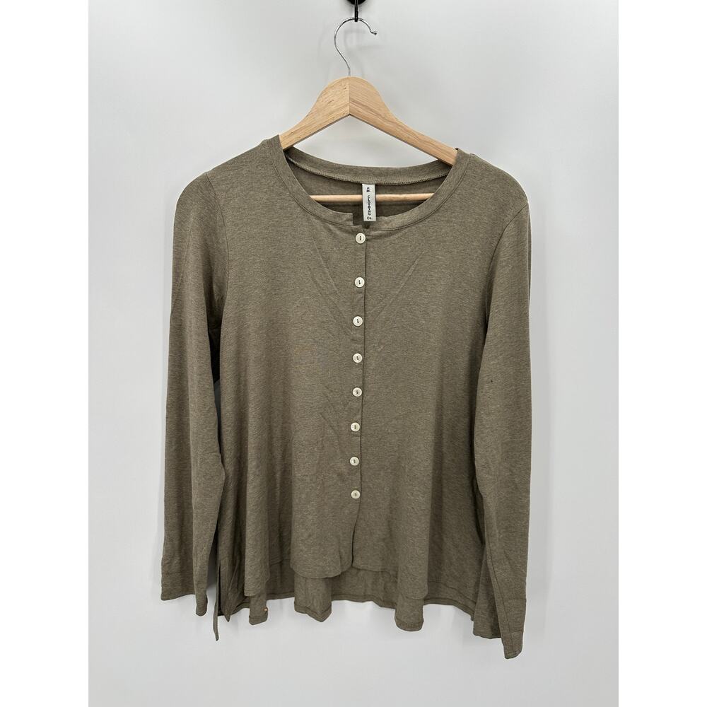 FH Clothing Co Shirt Women Large Green Long Sleeve Button Front Rayon Stretch